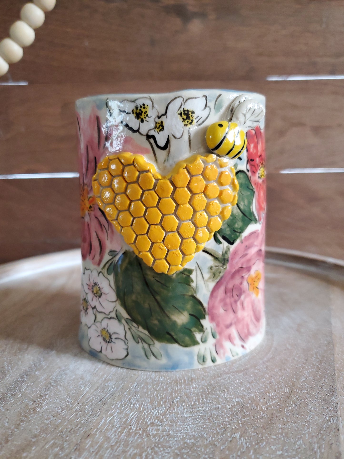 Bee and floral ceramic vase