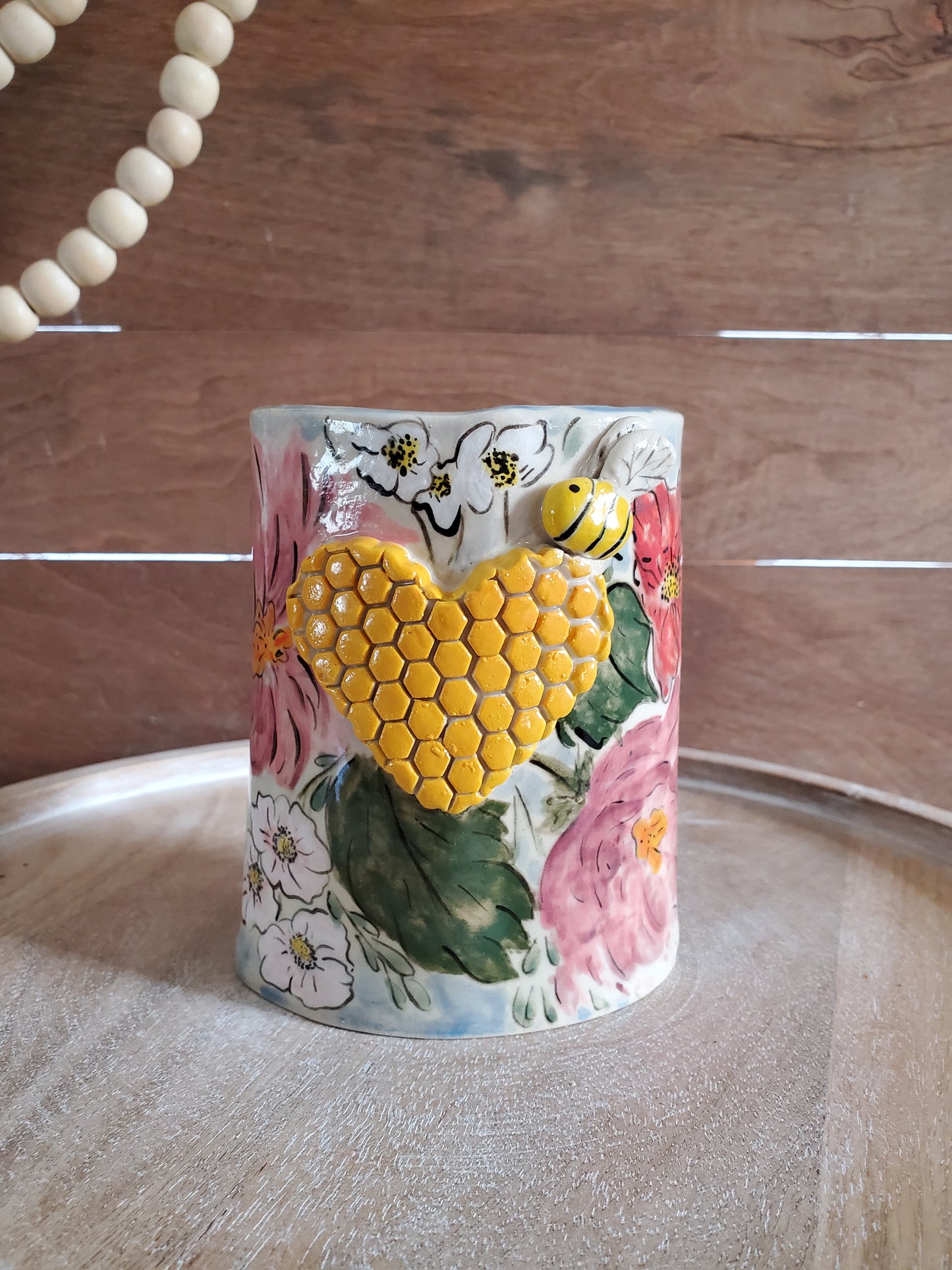 Bee and floral ceramic vase