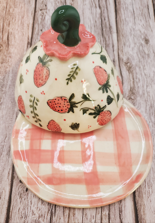 Strawberry cheese dome with gingham plate