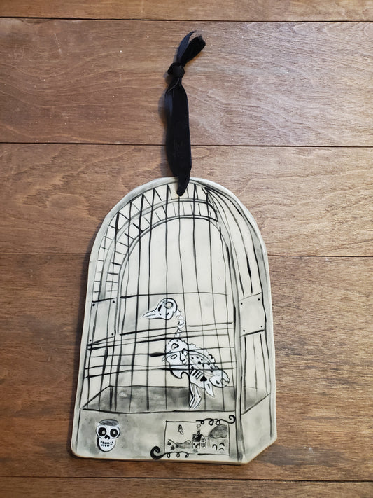 Trompe-l'œil Halloween Bird Cage hanging plaque