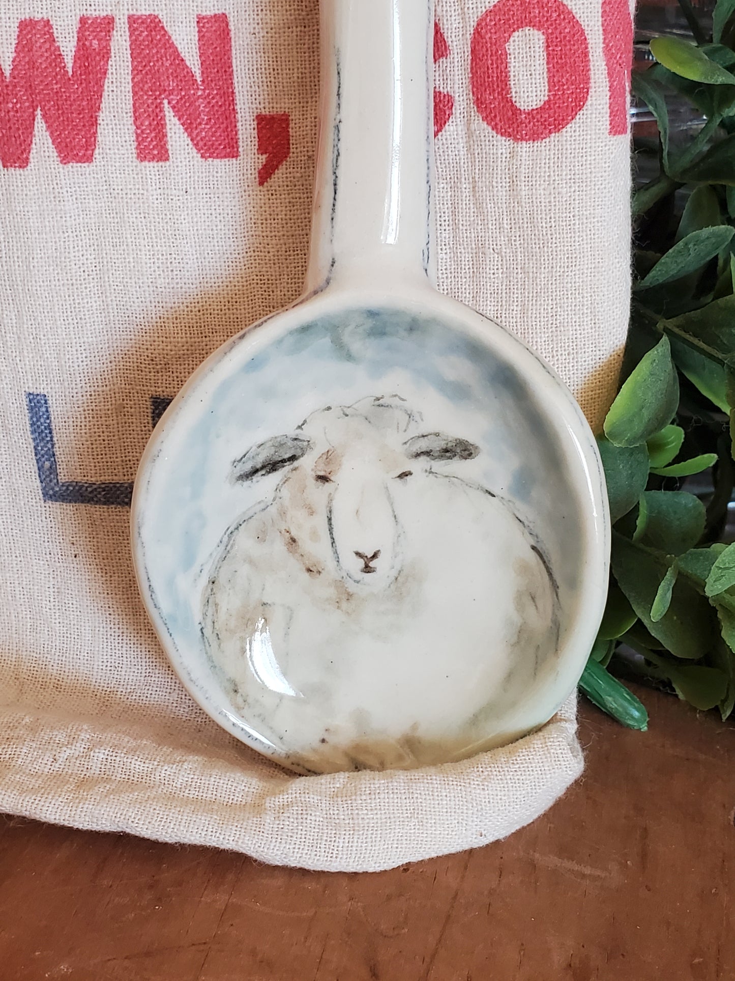 Spoon with watercolor sheep painting