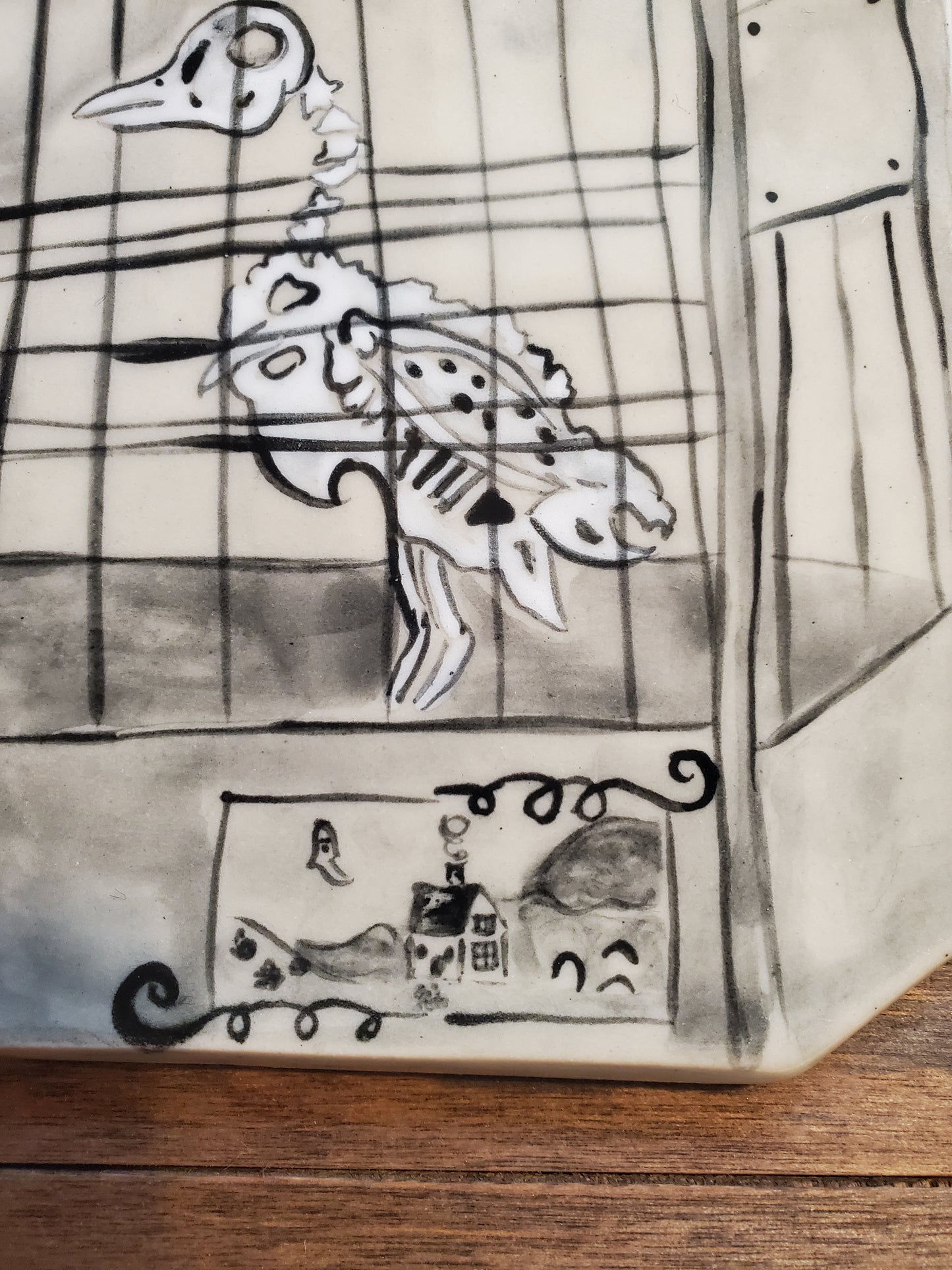 Trompe-l'œil Halloween Bird Cage hanging plaque