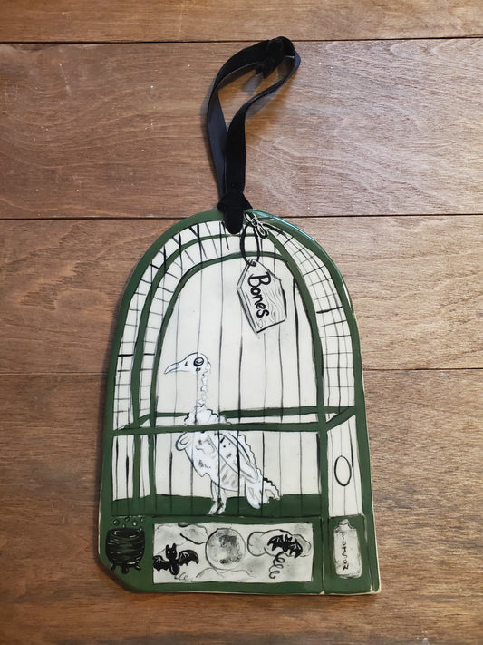 Trompe-l'œil Halloween Bird Cage hanging plaque